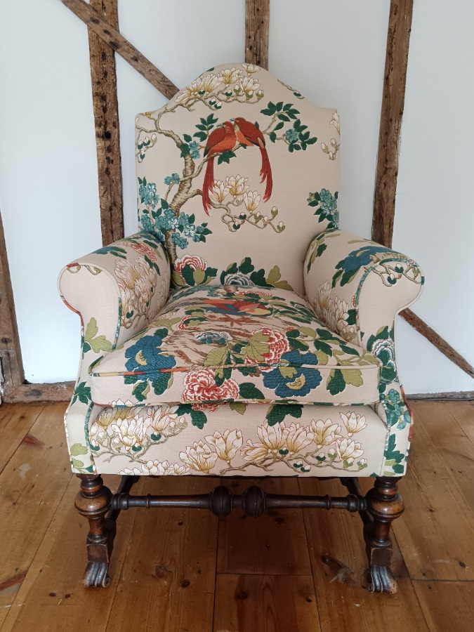 William and Mary Revival Armchair in Luxury GP  J Baker Rockbird Fabric (3).jpg